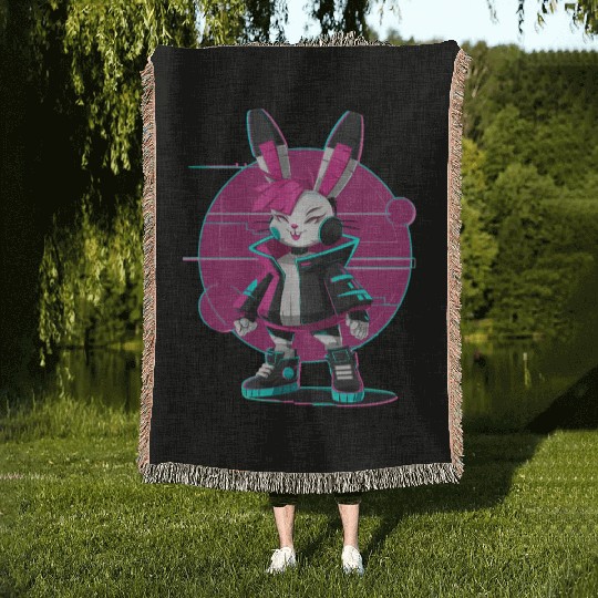 Cyber Bunny with Futuristic Style and Neon Colors Woven Blankets