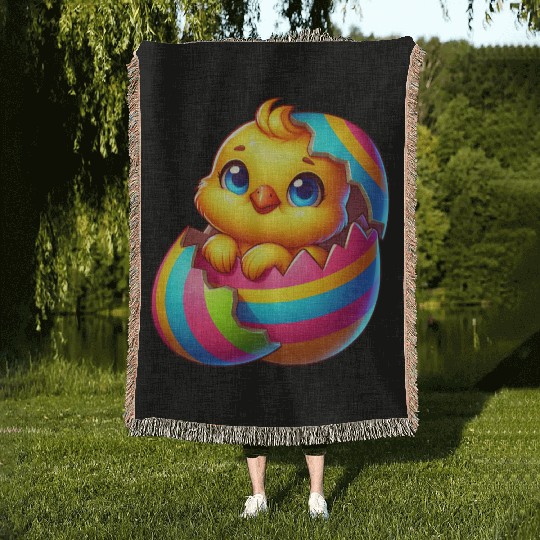 Cute Chick Cartoon Colorful Easter Egg Hatching Woven Blankets