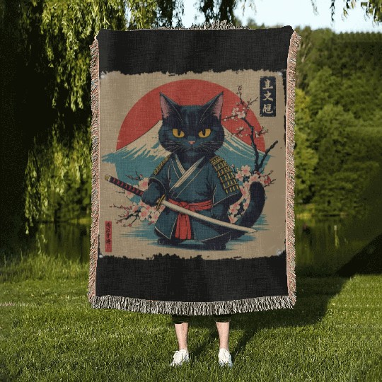 samurai cat Woven Blankets
