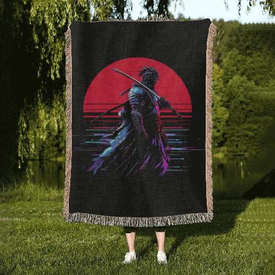 Cyberpunk Samurai Warrior Under Neon Moon Woven Blankets