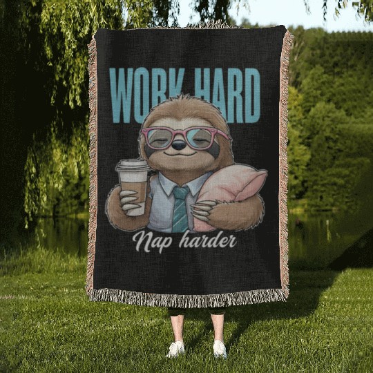Work Hard, Nap Harder – Funny Sloth Office Humor Woven Blankets