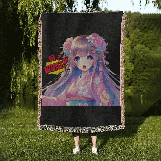 Kawaii Kimono Girl Woven Blankets