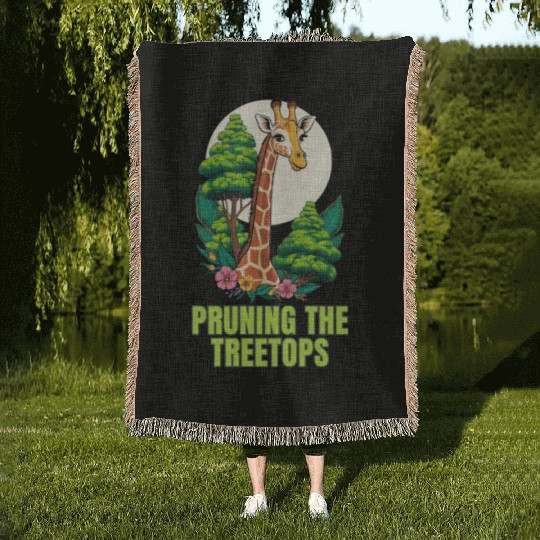 Gardener Giraffe - Pruning the treetops Woven Blankets