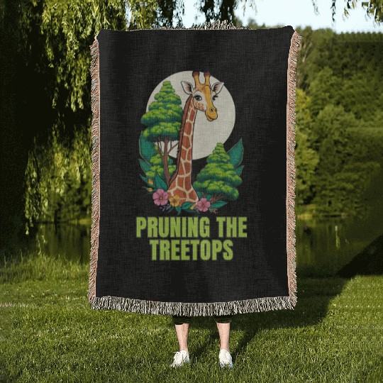 Gardener Giraffe - Pruning the treetops Woven Blankets