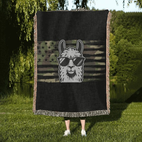 Llama Camouflage US Flag Llama Woven Blankets