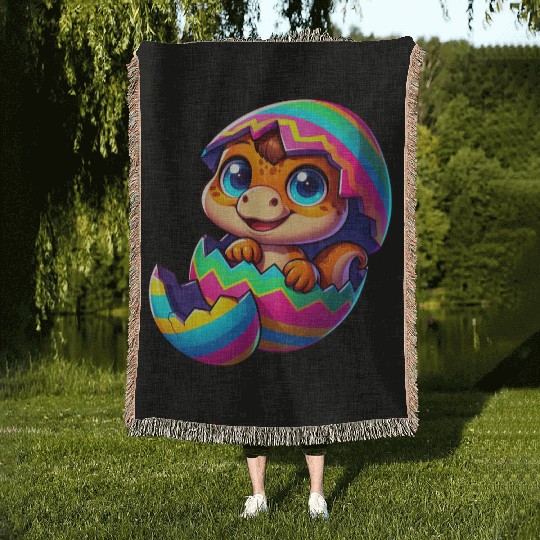 Cute Dino hatching from colorful Easter egg Woven Blankets