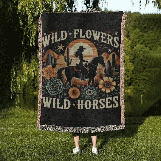 Retro Southern Sunset Cowgirl Wild Flowers Wild Ho Woven Blankets