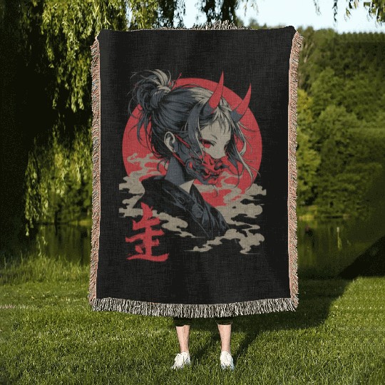 Beautiful Japanese Demon Anime Girl Waifu Geisha Woven Blankets