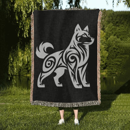 Wolf With Tribal Pattern Mystic Husky Dog Woven Blankets