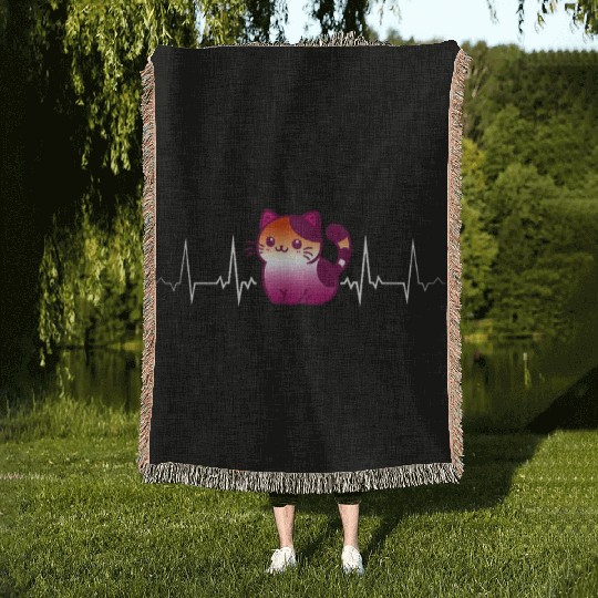 Lesbian Heartbeat Cute Kawaii Cat Pride Love Woven Blankets