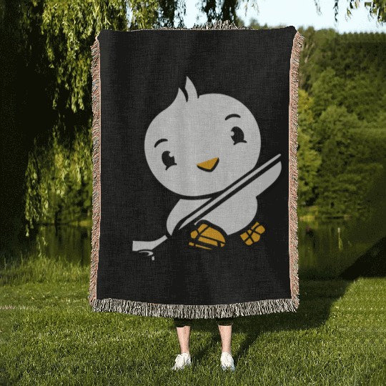 Bird Playing Ice Hockey Sport Puck Stick Hobby Woven Blankets