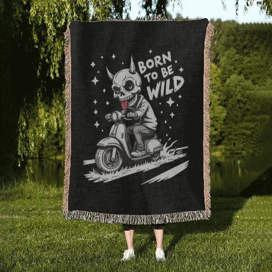 Born to Be Wild - Skull Devil on Scooter Woven Blankets