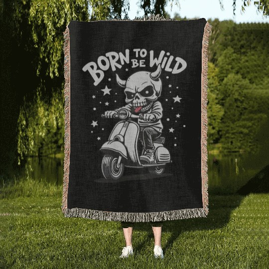 Born to Be Wild - Skull Devil on Scooter Woven Blankets