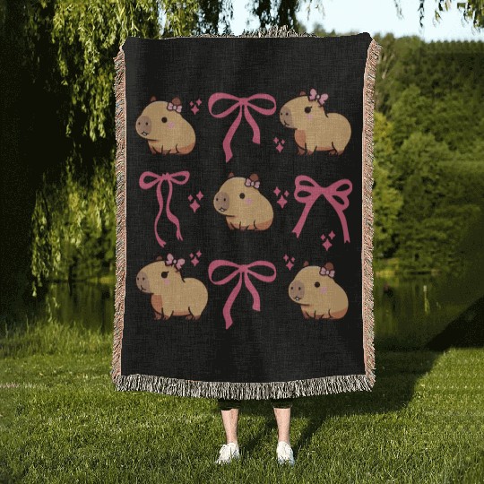 Cute Capybara with Pink Ribbon Bow Woven Blankets