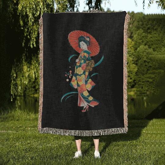 Elegant Geisha with Red Parasol and Floral Kimono Woven Blankets