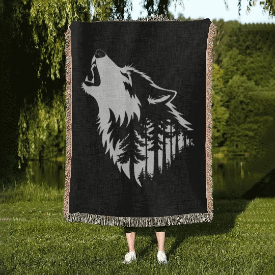 Howling Wolf & Forest Silhouette Woven Blankets