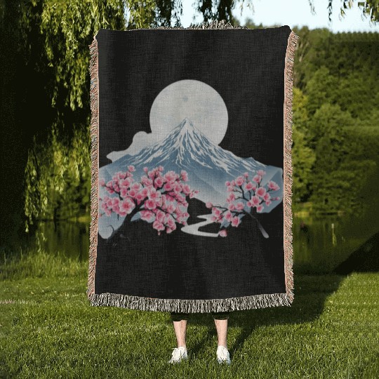 Japanese mount fuji Sakura tree Cherry blossom Woven Blankets