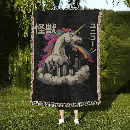Kaiju Unicorn Japanese Monster Rainbow Woven Blankets