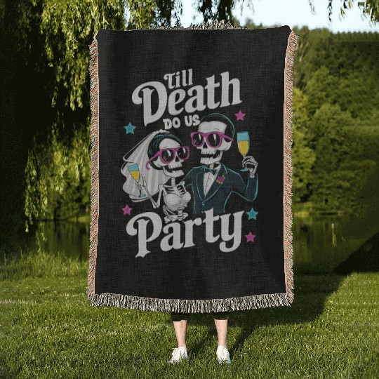 Funny Skeleton Bride and Groom Till Death Do Party Woven Blankets