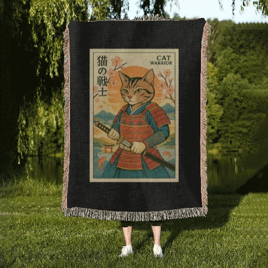 Samurai Cat in Traditional Armor Art Woven Blankets