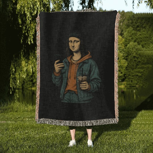 the mona lisa dressed in 2025 street fashion Woven Blankets
