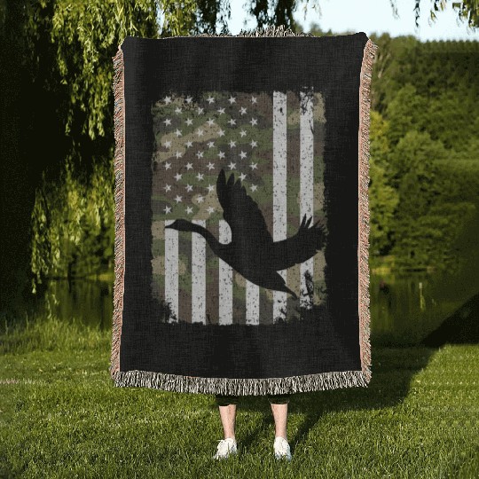 Goose Hunting Camo US Flag For Hunter Camouflage Woven Blankets