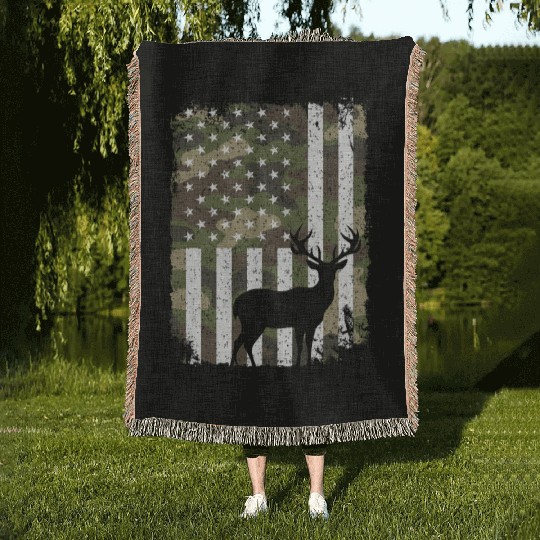 Deer Buck Hunting Camo US Flag Hunter Camouflage Woven Blankets