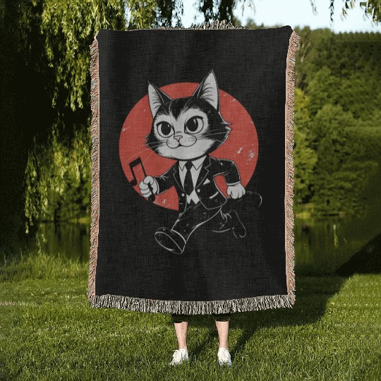 Whimsical Black White Cat Conductor Woven Blankets