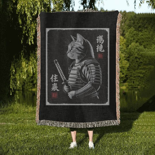 Cats Samurai In Japanese Ukiyo-e Woven Blankets