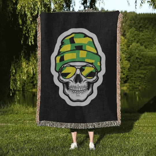 Human Skull Wearing Green Beanie Woven Blankets