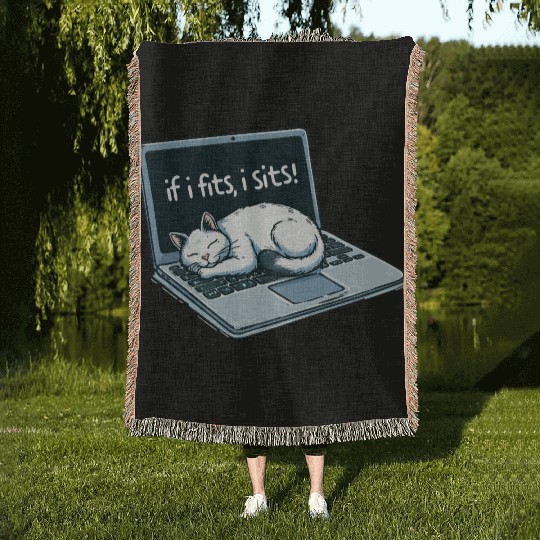 Laptop Cat Nap - If I Fits, I Sits! Woven Blankets