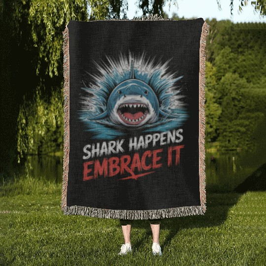 Shark Happens Embrace it Shark Diver Woven Blankets