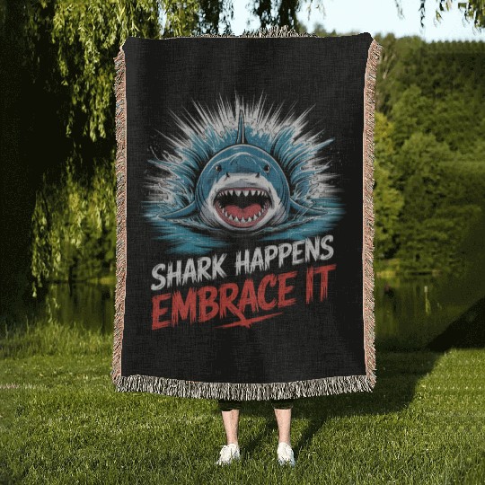 Shark Happens Embrace it Shark Diver Woven Blankets