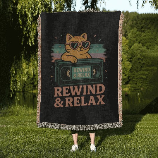 Rewind & Relax Retro Cat Vibes 80s 90s vhs TV Woven Blankets
