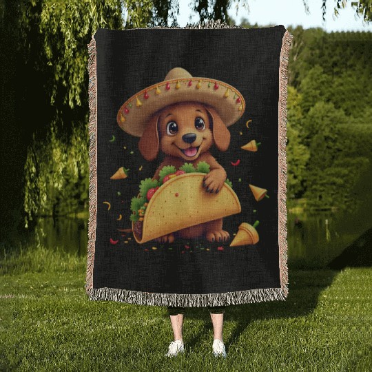 Taco Puppy Fiesta Sombrero Fun Cinco de mayo Woven Blankets