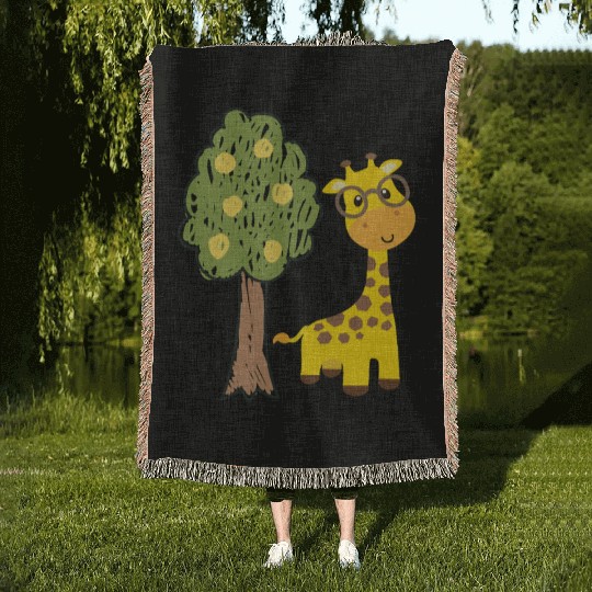 Funny giraffe and tree drawing Woven Blankets