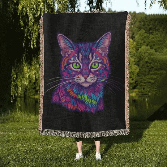 psychedelic cat illustration Woven Blankets