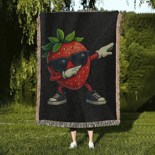 Funny Dabbing Strawberry With Sunglasses Woven Blankets