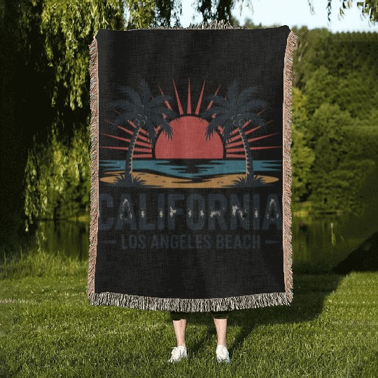 Trendy Los Angeles California Palm Tree Beach Suns Woven Blankets