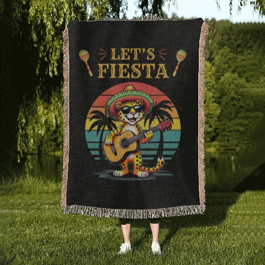 Retro Sunset leopard Fiesta Guitar Party Vibes Woven Blankets