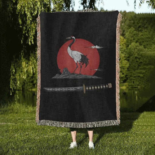 Japanese Crane with Katana and MounT FUJI POSTER Woven Blankets