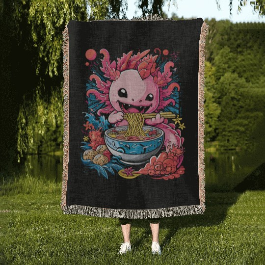 Cute Axolotl Enjoying Bowl of Ramen in Vibrant Woven Blankets