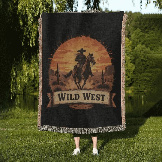 Riding the Wild West Cowboy Silhouette at Sunse Woven Blankets