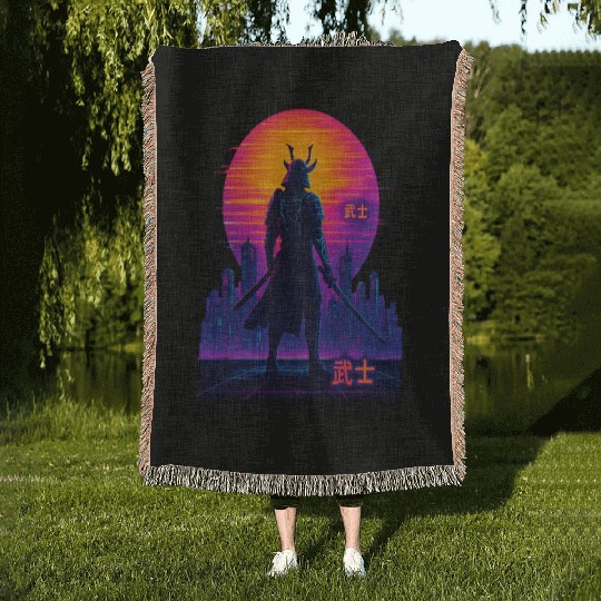 Neon Samurai - Cyberpunk Warrior Art Woven Blankets