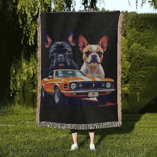 French Bulldogs with Classic Muscle Car – Retro Vi Woven Blankets