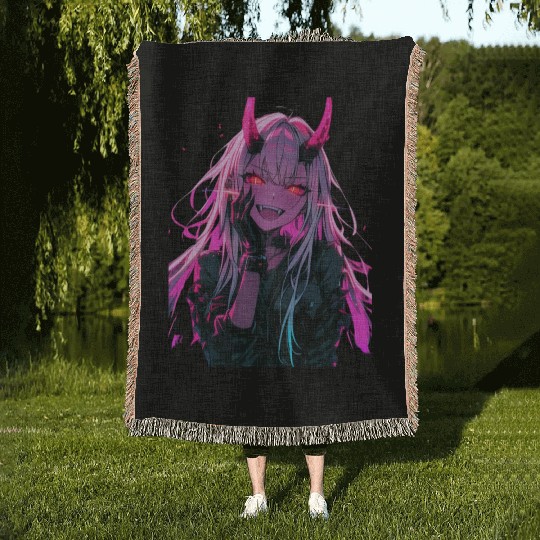 Anime Demon Girl Kawaii Waifu Japanese Anime Woven Blankets