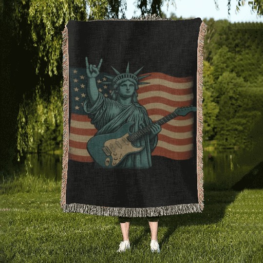 4th of July Statue Of Liberty Rock Guitar USA Flag Woven Blankets