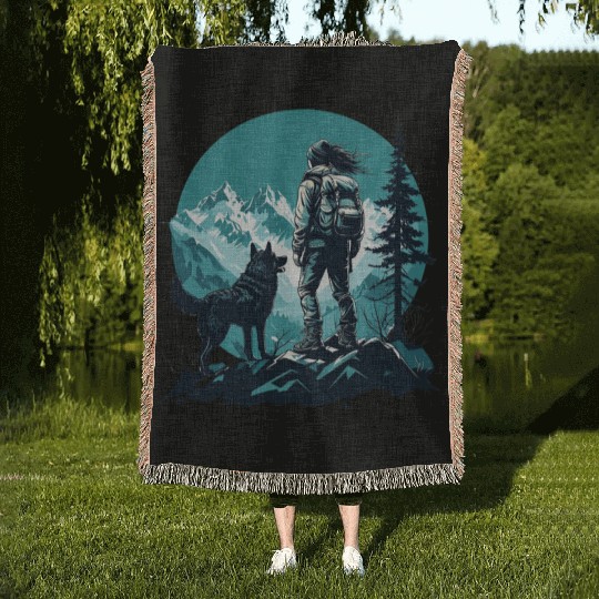 Adventurous Hiker With Dog Against Teal Mountain Woven Blankets