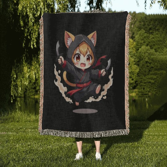 Chibi Ninja Cat Woven Blankets