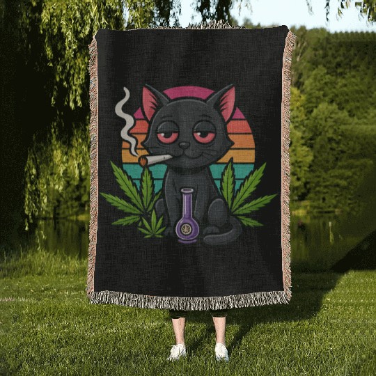 Cute Cat Smoking Weed Woven Blankets